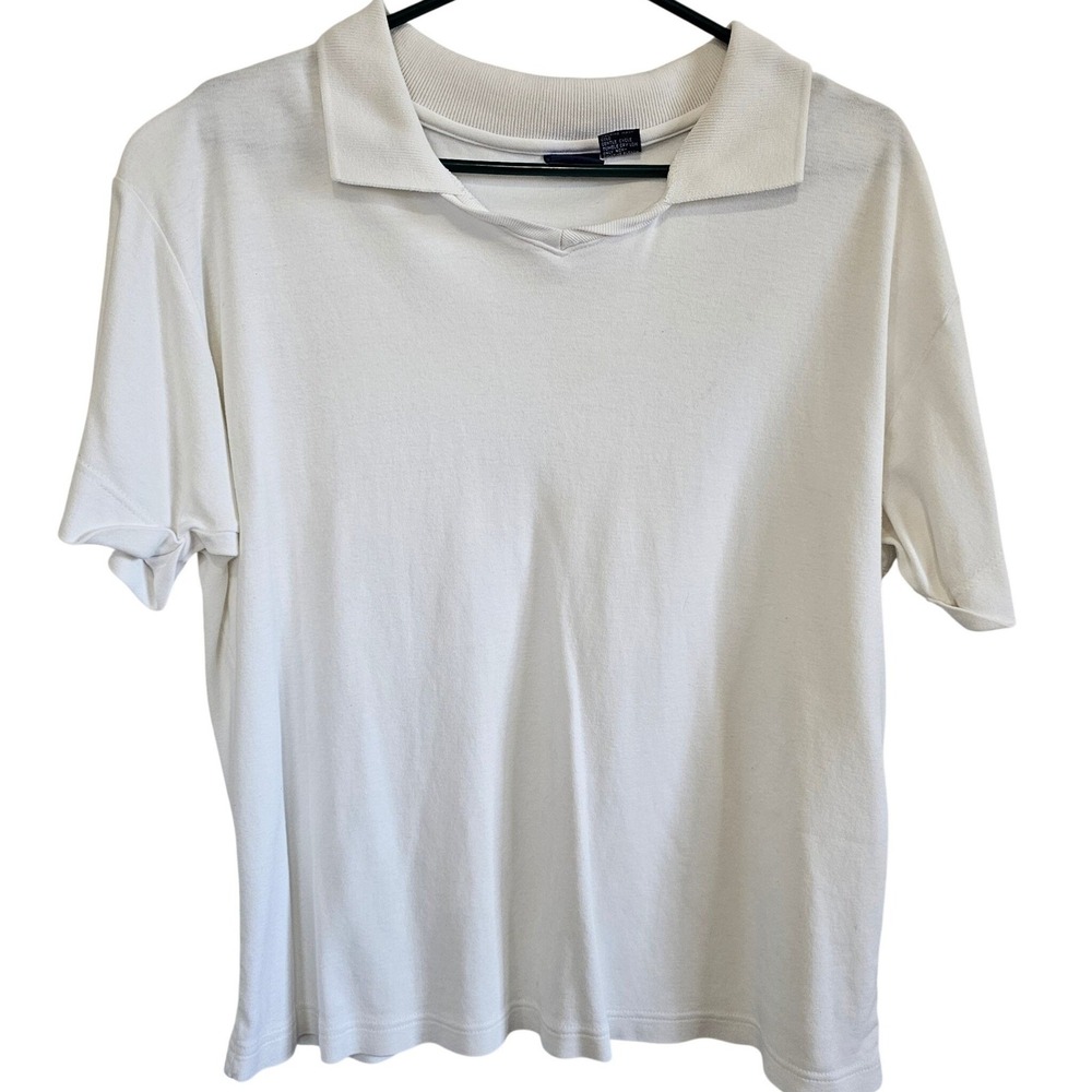 Honors Vintage Mens XL White 100% Cotton Short Sleeve Split V-Neck Polo Shirt‎